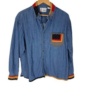 Lighthouse Apparel Denim Shirt Unisex Large Red Blue Patchwork Cuffs Button Down
